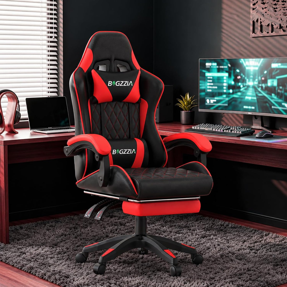 Bigzzia Gaming Chair with Footrest, Comfortable Gamer Chairs Red - Image 2