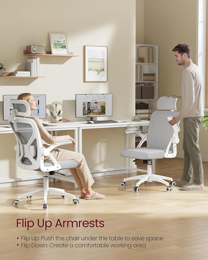 VASAGLE Office Chair, Adjustable Mesh with Lumbar Support and Headrest | Ergonomic desk chair, 90-105° tilt function, wide seat, flip-up armrests, Dove Gray UOBN044GD01S - Image 8