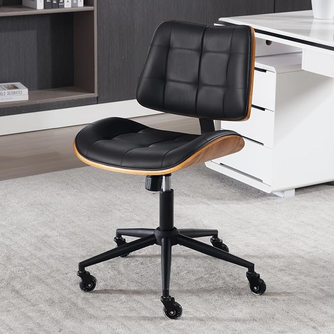 Home Office Desk Chair with Rubber Wheels, Armless Bentwood, Black | Adjustable Height Armless Office Chair, PU Leather Mid Back 360°Small Computer Chair, No Arms Walnut Seating, 300LBS Support by BERYTH