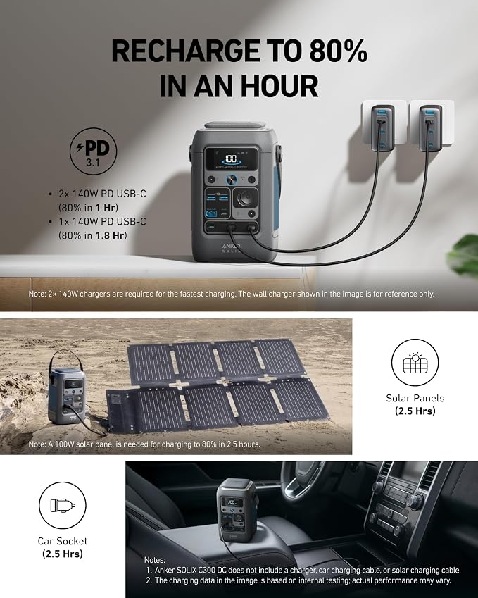 Anker SOLIX C300 DC Power Bank Station, Outdoor 288Wh Portable Power Station, LiFePO4 Battery, 300W Solar Generator, for Camping, Traveling, and Emergencies (No Wall Charger Included) - Image 4