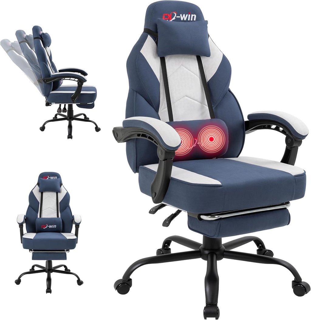 Video Gaming Chair for Adults, Computer Chair with Footrest and Ergonomic High Back, Big and Tall Gamer Chair with Massage Lumbar Support (Light Blue Fabric) by DL-win