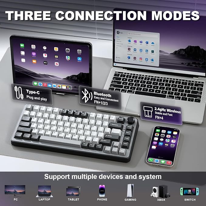 YUNZII B75 PRO 75% Wireless Mechanical Keyboard (Dark Grey,Milk Switch) | Hot Swap Keyboard with Knob, Gasket Mount, Creamy Pre-lubed Switch for Smooth Typing, BT/USB-C/2.4G, for Gaming - Image 3