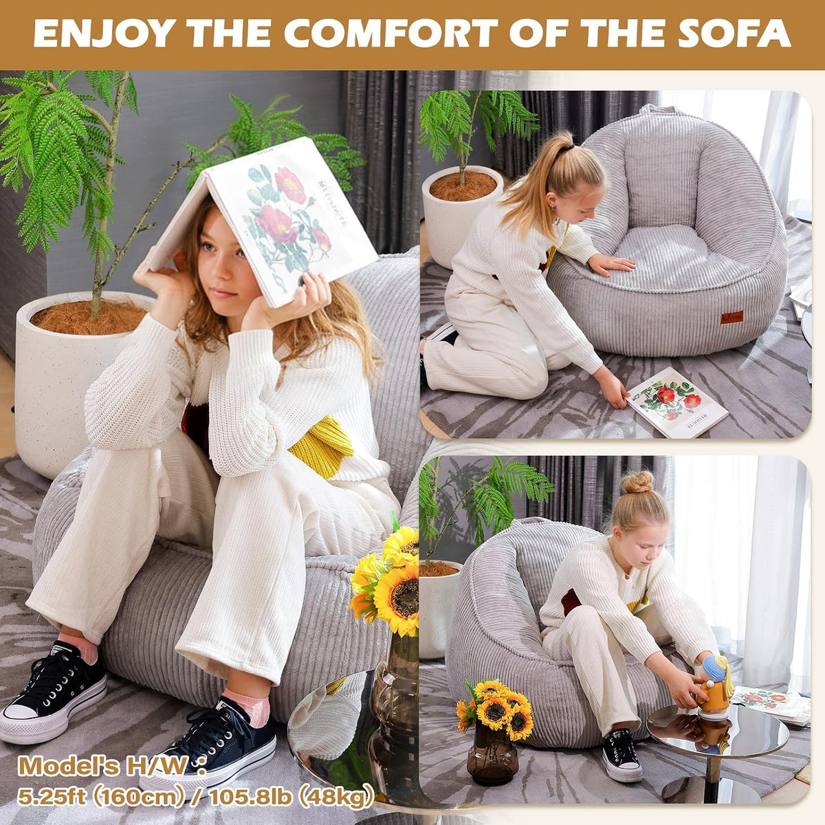 Bean Bag Chair, Cozy Fluffy Beanbag Chairs with Filler for Teens and Kids, Floor Lazy Sofa for Living Room Gaming & Reading (S-Light Grey) - Image 6