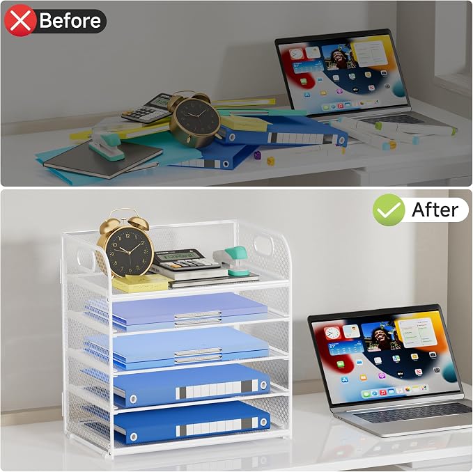 5-Tier Stackable Paper Organizer with Handle, White | Metal Mesh Desk Organizer Letter Tray, Office Storage & Organization for Home, School & Workplace - Image 6