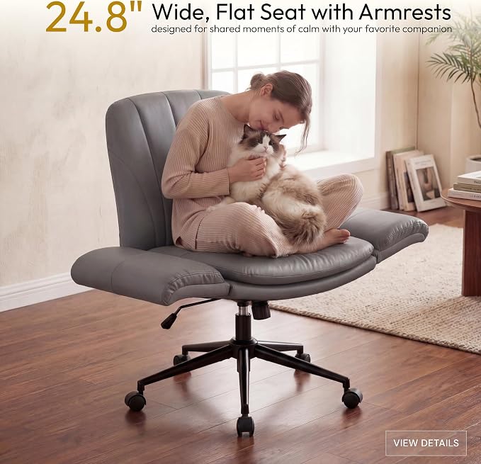 Dowinx Criss Cross Chair with Five-Level Adjustable Arms and Wheels - Comfortable Ergonomic PU Leather Swivel Vanity Chair - Computer Makeup Gaming Chair for Home Office, Bedroom, Vanity Room (Grey) - Image 5