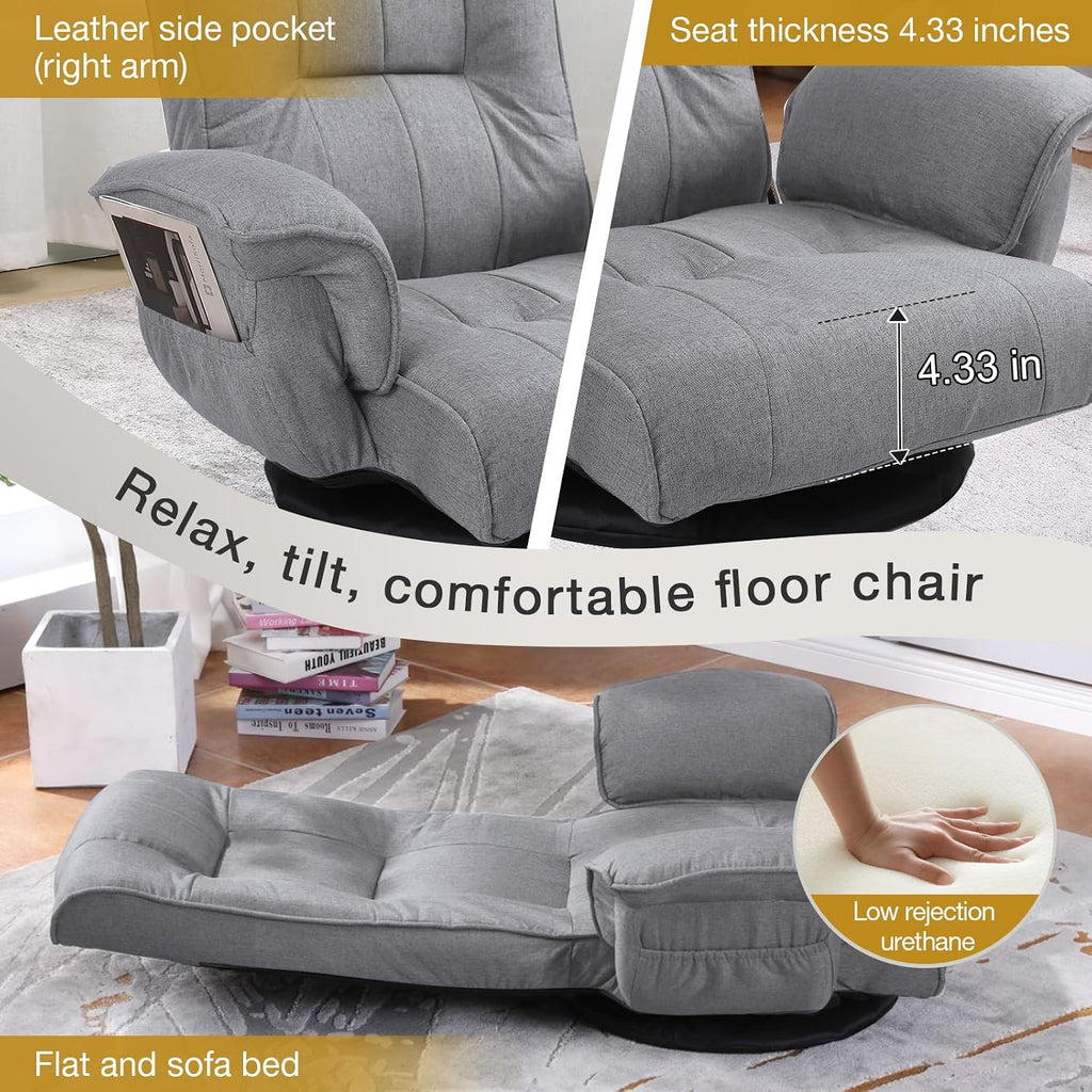 Ergonomic Swivel Floor Gaming Chair with Armrests & Side Pockets, 6-Position Reclining Sofa Bed, Foldable Padded Lounger with Thick Cushion & Lumbar Support for Esports, Reading, TV Watching, Beige - Image 5