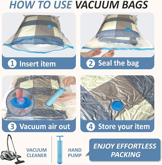 Vacuum Storage Bags with Hand Pump, Vacuum Seal Space Saver Bags,12 Small | 80% Space-Saving Bags for Clothes & Travel Essentials; Double-Zip Airtight Seal; For Luggage, Home & Travel Storage - Image 7