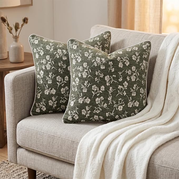 20x20 Chenille Jacquard Throw Pillow Cover, Olive Green Vintage Floral Cushion Case with Piped Edges, Decorative Large Accent for Sofa, Bed & Couch, 2 Pack - Image 2