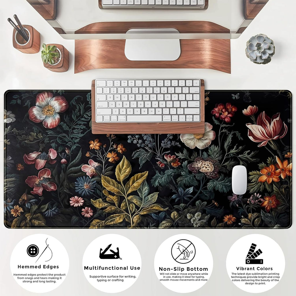 Floral Desk Mat Dark Vintage Aesthetic Desk Pad Flower Plant Black Extended Mouse Pad Large Gaming Mousepad XXL Laptop Computer Mouse Keyboard Mat 31.5 x 15.7 in for Office Desk Decor - Image 6
