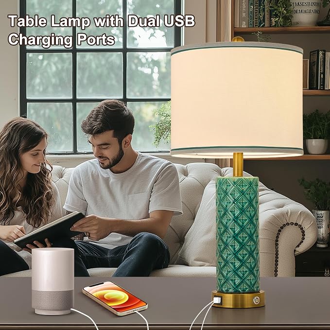 Set of 2 Table Lamp for Living Room Bedroom Farmhouse,26'' Touch Control Bedroom Turquoise Ceramic Lamps 3-Way Dimmable Bedside Lamps with USB A+C Ports Linen Shade for Home - Image 2