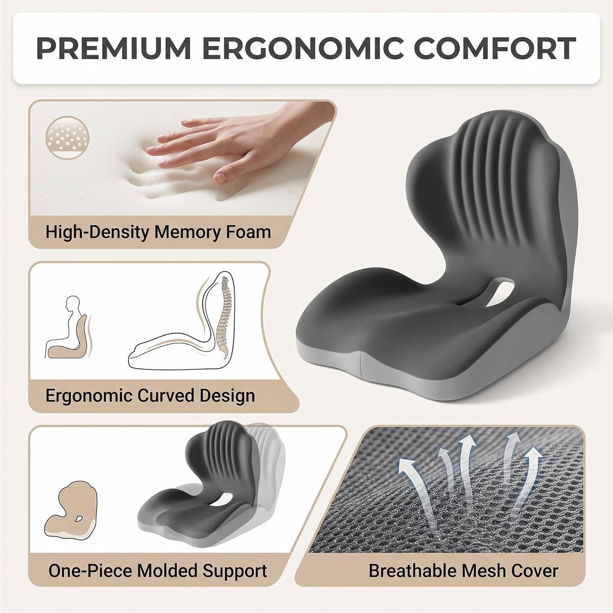 Memory Foam Seat Cushion with Lumbar Support, L-Shaped, Gray - Image 6