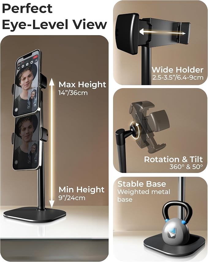 COOPER ChatStand Sturdy Cell Phone Holder, iPhone Stand for Desk, Recording | 9-13" Adjustable, Weighted Metal Base, Tabletop Tripod, for Filming, Video Calls, FaceTime; fits all iPhone, Samsung, Android - Image 3