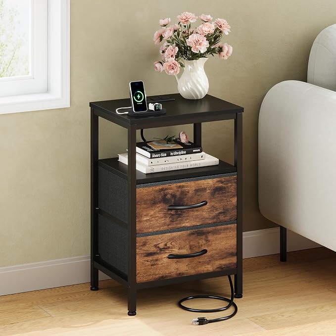 OLIXIS Nightstand with Charging Station, Beside Table with Fabric Drawers | 3-Tier End Table with Storage Shelf, Night Stand with USB Ports and Outlets for Bedroom, Rustic Brown and Black - Image 7