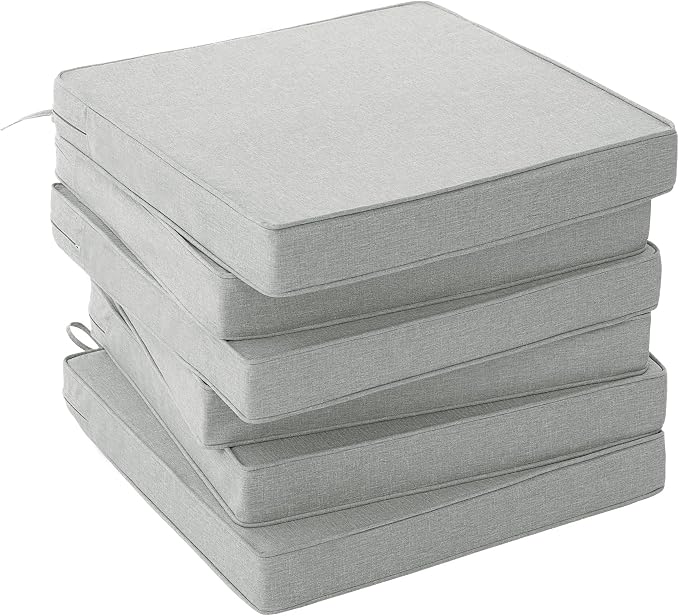 Outdoor Chair Cushions, Set of 6, 19 x 19 Inch, Light Grey | Water Resistant, Fade Resistant, Patio Furniture Square Seat Replacement, Removable Cover with Ties, Non-Slip Bottom by Unknown