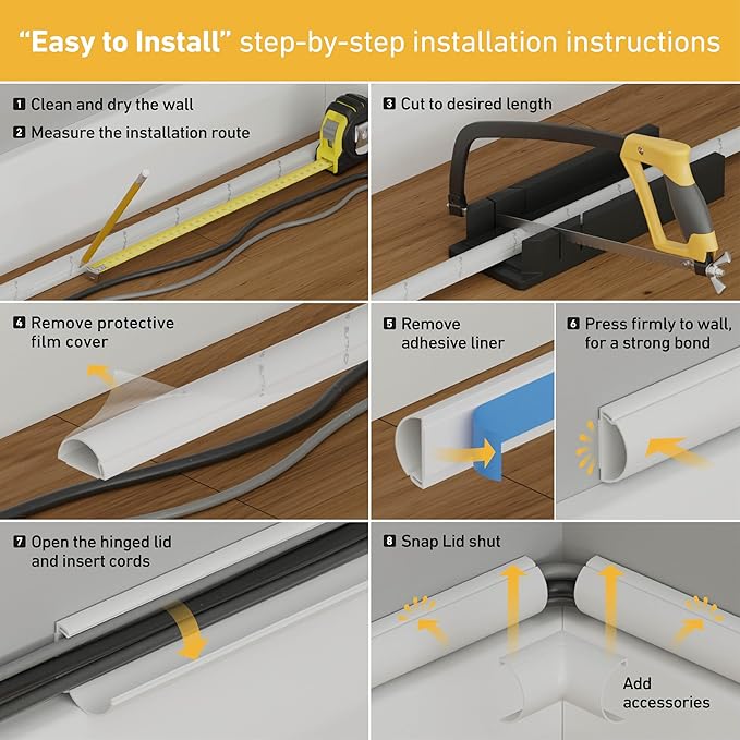 D-Line 13.12ft Cord Hider Kit, Patented Cable Cover, Hide Wires on Wall, Channel for TV Mount Cords, Raceway Wire Hiders, Paintable, Adhesive, Half Round, 4X 0.78in W x 0.39in H x 39in Lengths, Beige - Image 8