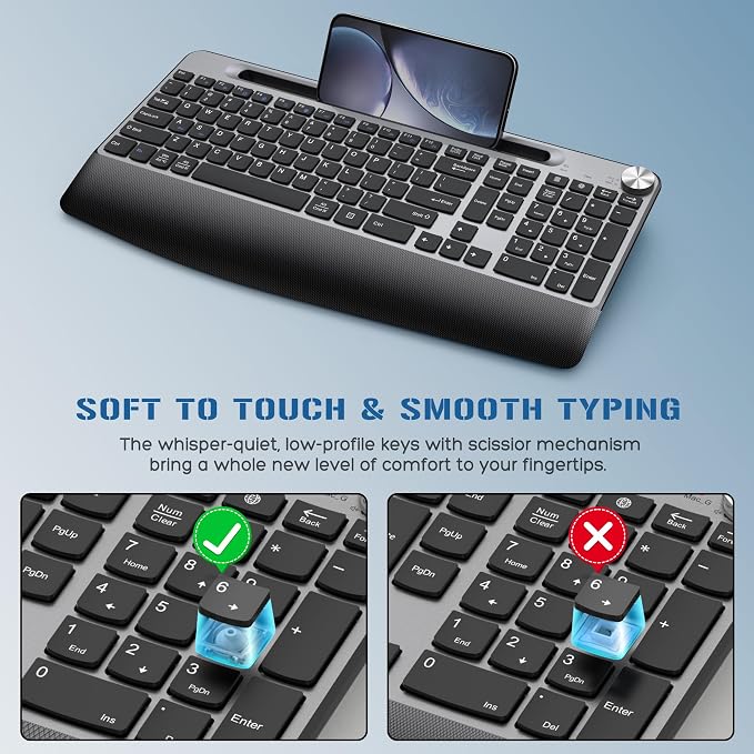 JOYACCESS Wireless Keyboard and Mouse, Ergonomic Wireless Keyboard with Wrist Rest and Phone Holder, Quiet Computer Mouse for Mac PC Laptop-Black Grey - Image 3