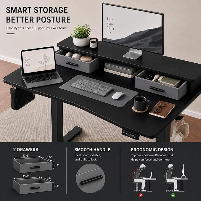 Grandder Electric Standing Desk with Two Drawers, Curved Sit to Stand Up Height Adjustable Desk with Storage Shelf for Home Office, 55 * 26 Inch, Study, Ergonomic Adjustable Computer Desk, Black - Image 4