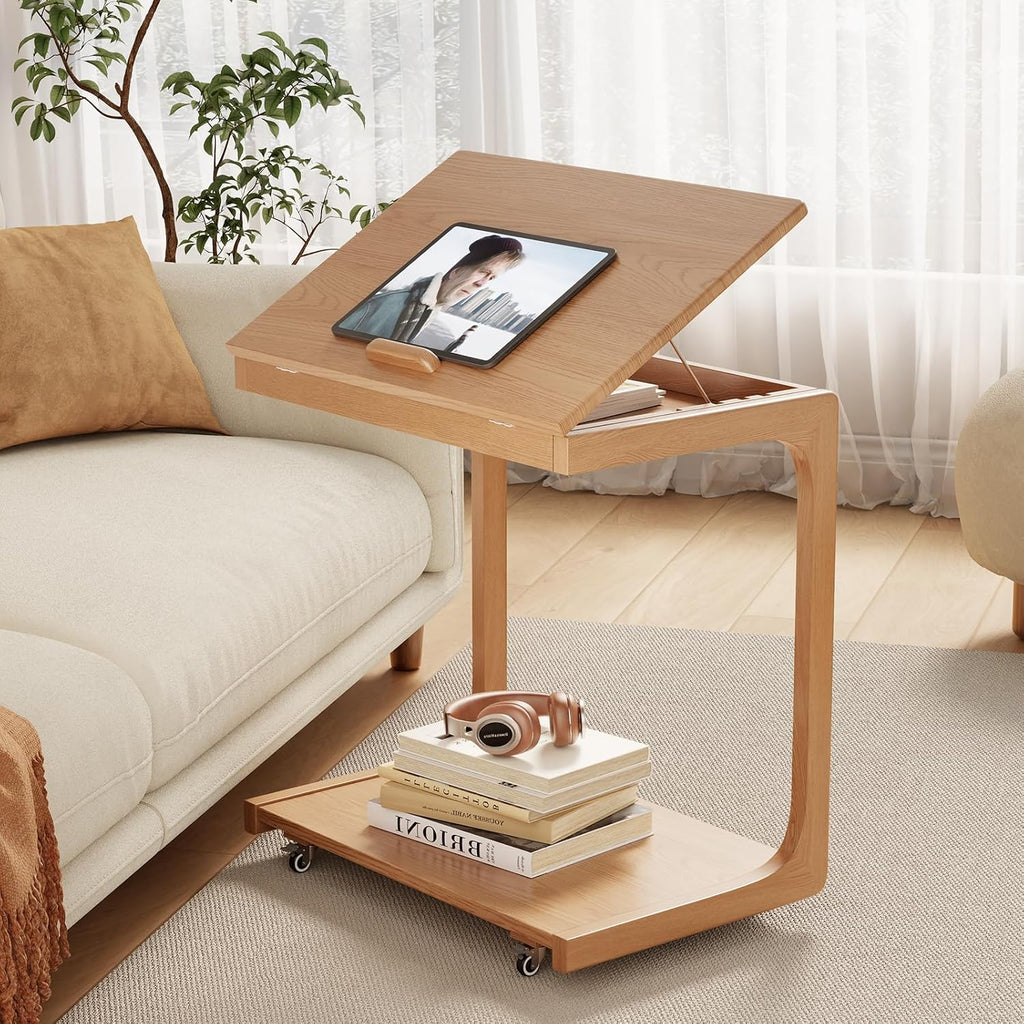 AQIMUELE Wooden C-Shaped End Table,Couch Table with Adjustable Desktop,Small Rolling Side Table with 2 Lockable Wheels 23.6" Width,Small End Table for Couch, Living Room,Bedroom (Natural) by AQIMUELE
