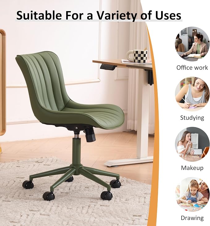 YOUNIKE Office Desk Chair with Wheels Armless Vanity Chair Ergonomic Green | Faux Leather Upholstered with Rocking Back, Swivel Height Adjustable, Modern Small Cute Task Chair For Sewing Drafting - Image 8
