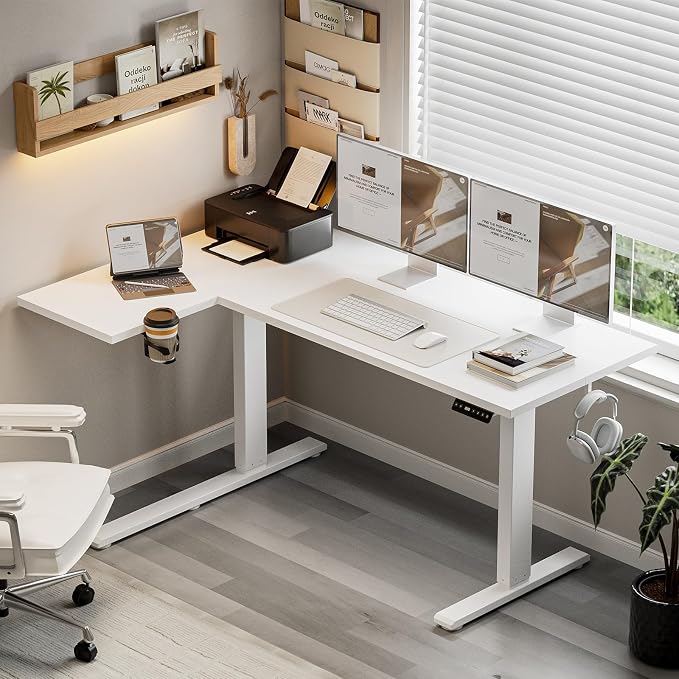 Muvai 59 Inch L Shaped Standing Desk Adjustable Height with Cable Management Tray,Gaming Electric Corner Standing Desk, Sit Stand Computer Table with Reversiable Splice Board,White - Image 2