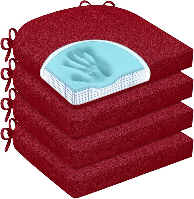 Chair Cushions for Dining Chairs, Non Slip Chair Pads with Ties and Washable Covers, Memory Foam Kitchen Chair Cushions Set of 4, 16"X16"X2.5", Red by HOMELYSIAN