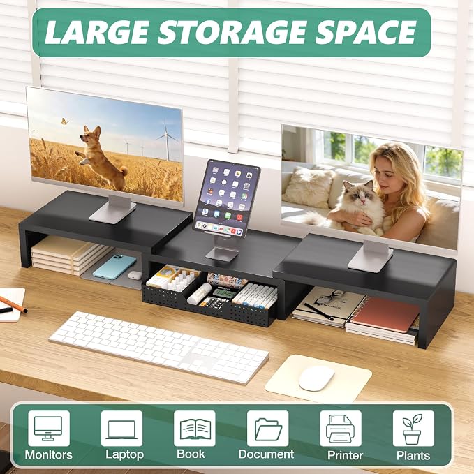 Dual Computer Monitor Stand Riser, Desk Organizer with Drawer, Office Desk Accessories & Workspace Organizers for Home Office Supplies, Black - Image 6