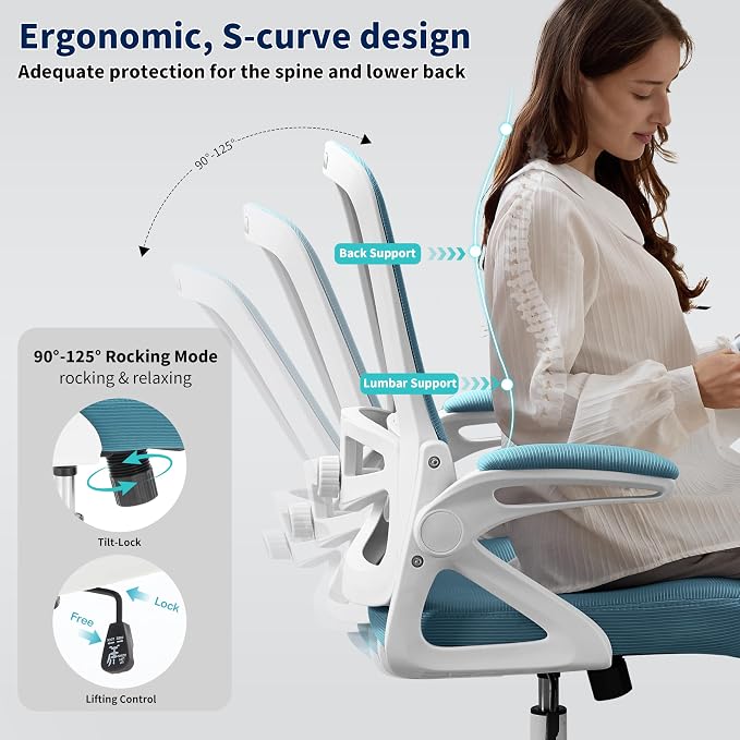 Ergonomic Office Chair Desk Chair with Adjustable Lumbar Support | Mesh Computer Chair Home Office Desk Chair with Flip-up Armrests Executive Task Chair Comfy Mesh Gaming Chair (Lake Blue) - Image 5