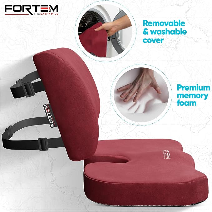 FORTEM Seat Cushion & Lumbar Support for Office Chair, Wheelchair, Car | Memory Foam | Ergonomic Design | Washable Cover | Non Slip | Red - Image 3