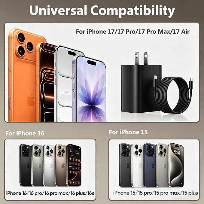 Phone 17 16 15 Charger Fast Charging, 10 FT Long USB C Charger Cord with 20W Type C Fast Phone Charging Block forPhone 17/17 Pro/17 Pro max/Air/Phone 16 15 Pro Max Plus, iPad, Android,Black - Image 6