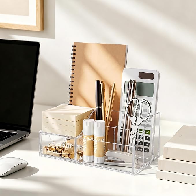HBlife Acrylic Desk Organizer with Drawer, Pen & Pencil Holder, Multifunctional Desktop Caddy for Office Supply and Organization - Image 4