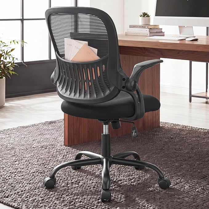 Home Office Desk Chair with Flip-up Armrest, Computer Chair | Lumbar Support, Height Adjustable, Mesh Mid-Back, Ergonomic Task Gaming Chair with 360° Swivel Wheels for Adults, Black by HAPPYMONTLLC