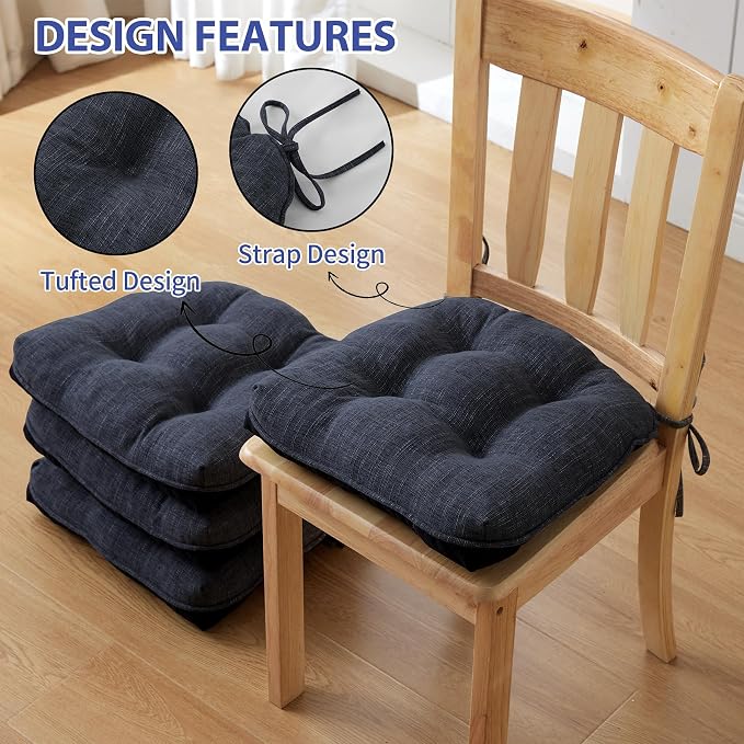 IPYNBAP Chair Cushions for Dining Chairs Set of 4, Kitchen Chair Cushions, Chair Pads with Ties and Non Slip Backing, Tufted Memory Foam Seat Cushion 4 Pack, 18" x 18" x 4", Navy Blue - Image 4