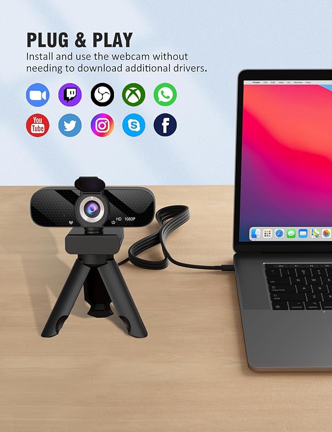 Tewiky Full HD Webcam with Built-in Microphone and Rotatable Tripod, 1080P Video and Wide Angle Camera, Privacy Cover, for Desktop PC or Laptop Computer - Image 6