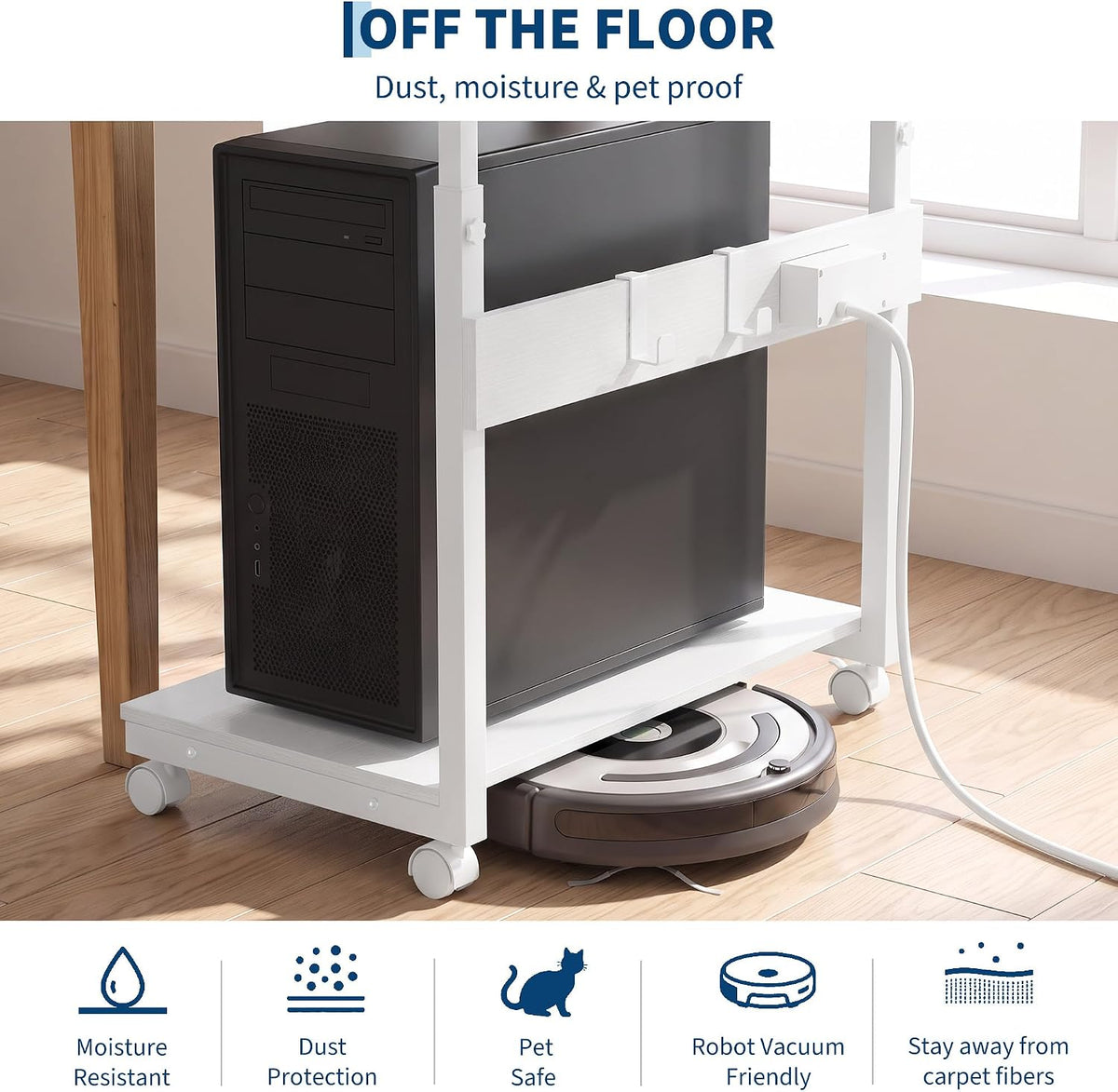 Rolling PC Tower Stand, Height Adjustable, White - Image 6