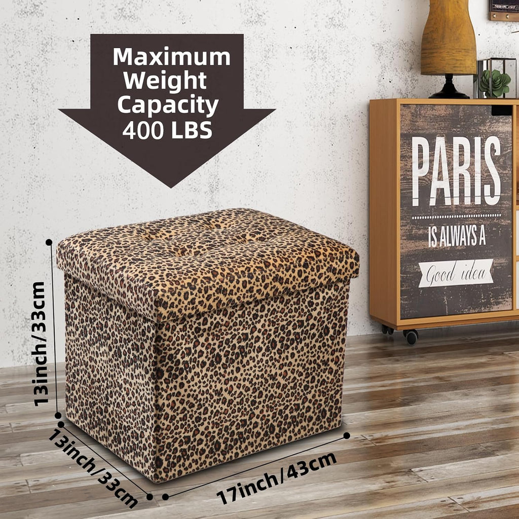 ALASDO Ottoman Storage Ottoman Footrest Stool Foldable Foot Rest Footstool Bench for Living Room 17x13x13inches Leopard Print - Image 3