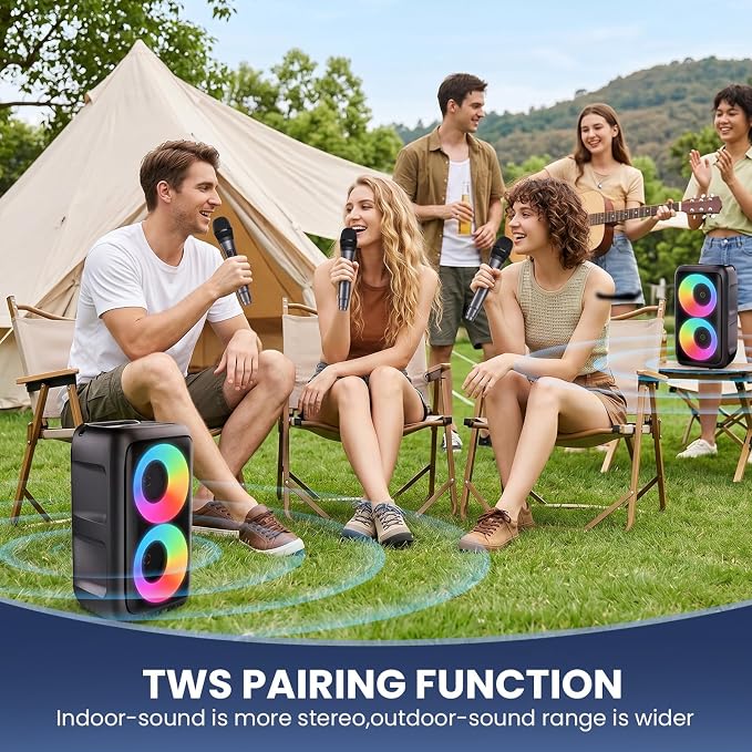 Bluetooth Speaker with 3 Wireless Microphones, Portable Party Speaker for Adults & Kids with Lights, Speakers Bluetooth Wireless, Floorstanding Speakers Support TWS/AUX/USB/TF Card for Home Party Gift - Image 5