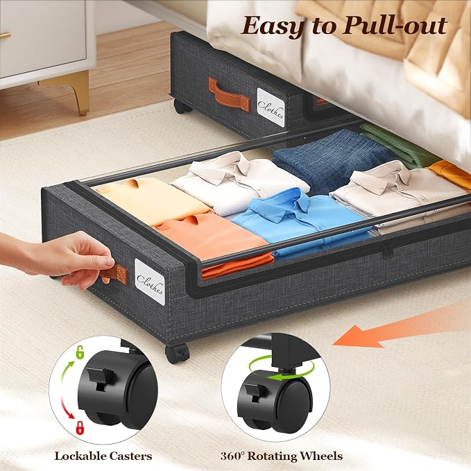 Yecaye 85 L Under Bed Storage with Wheels, 2 Pack Extra Large Under Bed Storage Containers with Metal Frame & Clear Lid, Rolling Underbed Organizer Bins Drawers for Clothes, Shoes, Blankets, Hemp Grey - Image 6