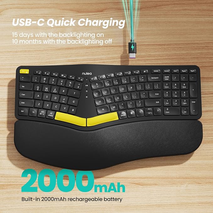 Nulea Wireless Ergonomic Keyboard, Split Keyboard with Wrist Rest, USB-C Charging, 7-Color Backlight, Natural Typing, Bluetooth and USB Connectivity, Compatible with Windows/Mac | Bluetooth 2.4G Keyboard with USB-C Charging, 3 Device Switching, Adjusta... - Image 3