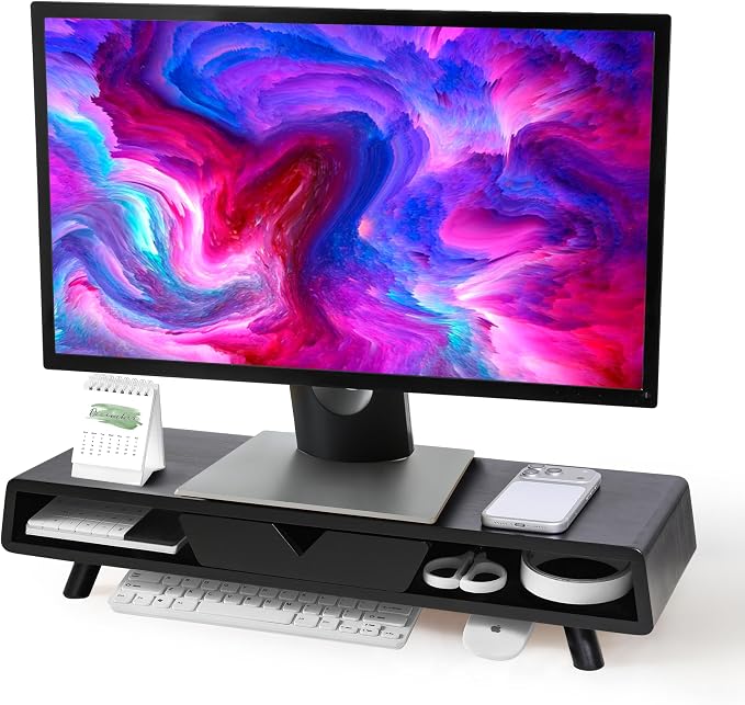 Homerays Monitor Stand with Drawer, Exquisite Computer Monitor Stand for Desk, Ergonomic Wood Monitor Stand Riser for Computer,Laptop,Printer,TV,Bamboo,Black by Homerays