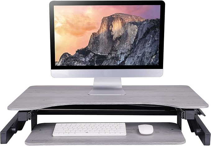 Rocelco 32" Height Adjustable Standing Desk Converter - Quick Sit Stand Up Dual Monitor Riser - Gas Spring Assist Tabletop Computer Workstation - Large Retractable Keyboard Tray - Grey (R ADRG) - Image 4