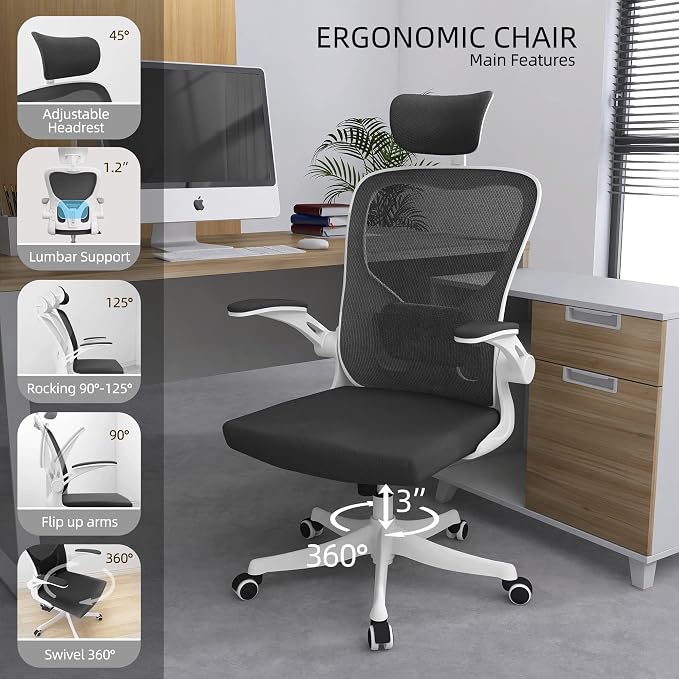 Monhey Office Chair, Ergonomic Office Chair with Lumbar Support & 3D Headrest & Flip Up Arms Home Office Desk Chairs Rockable Computer Chair Multi-Angle from 90° to 130° with 350LBS CapacityChair - Image 3