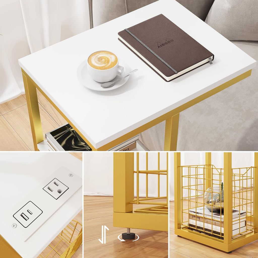 C Shaped End Table with Charging Station, Side Table for Couch, Small Side End Table for Small Spaces, 28" High Slide Under Sofa Table for Coffee, Tv Tray Table for Living Room, Golden - Image 4