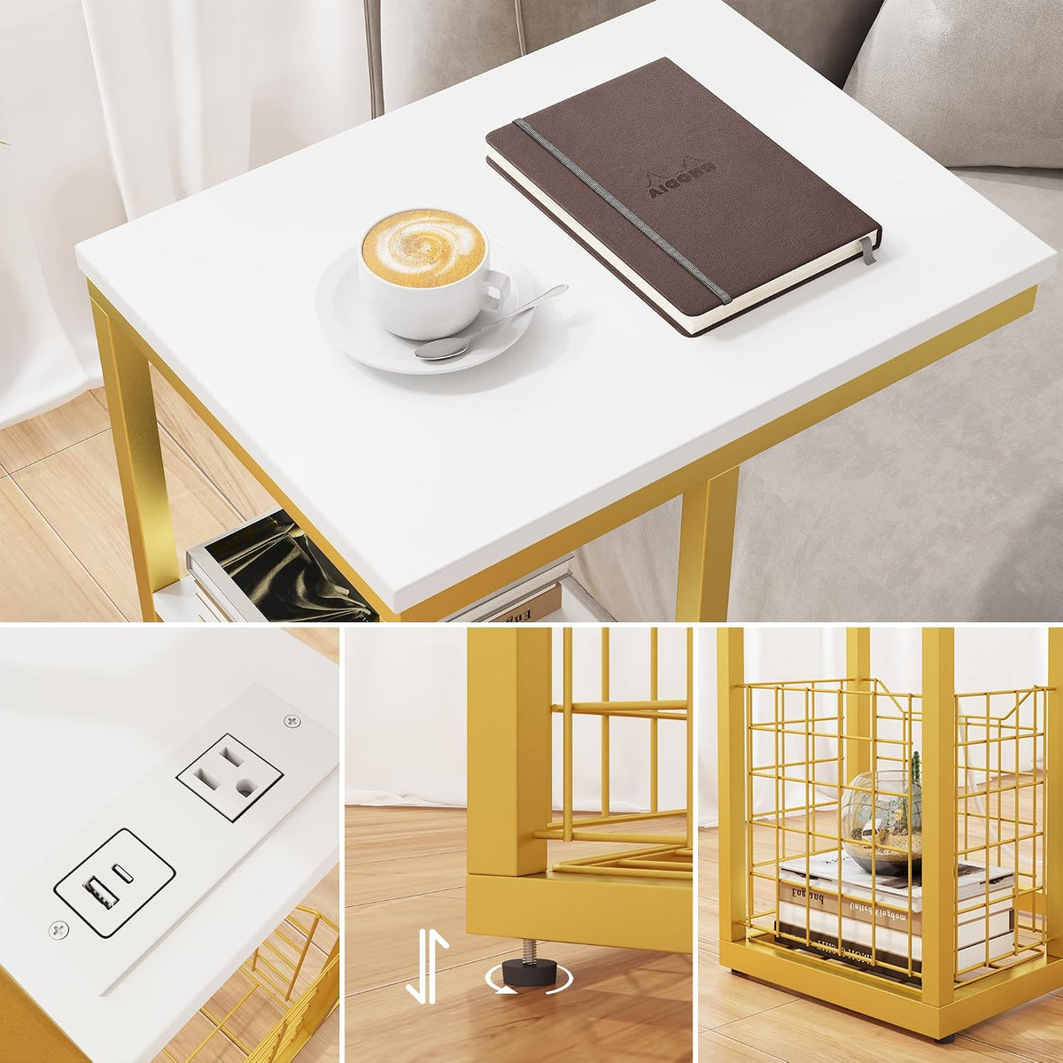 C Shaped End Table with Charging Station, Side Table for Couch, Small Side End Table for Small Spaces, 28" High Slide Under Sofa Table for Coffee, Tv Tray Table for Living Room, Golden - Image 4