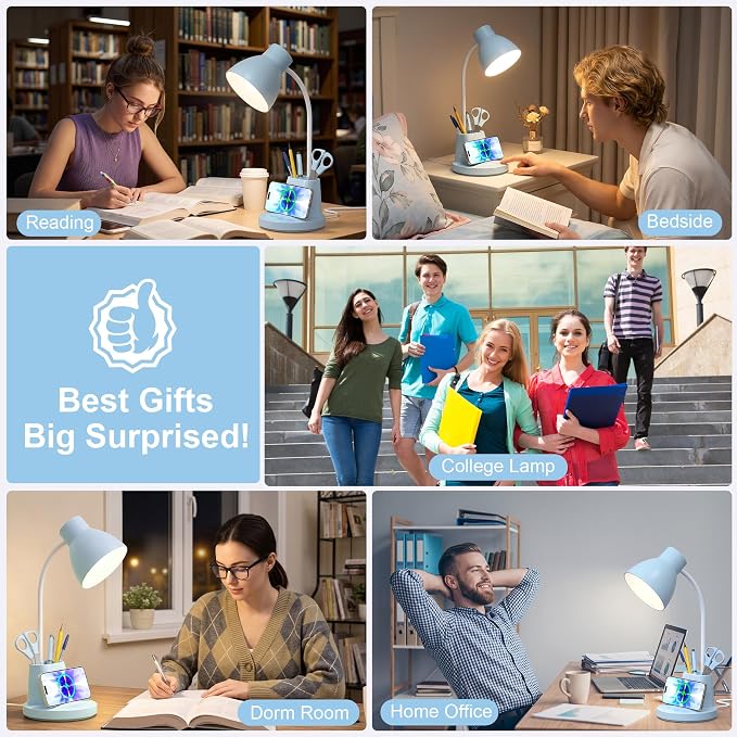 10W Wireless Charging LED Desk Lamp with Pen Holder, CRI 95, Blue | 800LM, 3 Modes, 360°Flexible Arm, Touch, Brightness, Table Lamp for Home Office, Dorm, Bedside, Study, Reading, with Adapter - Image 8