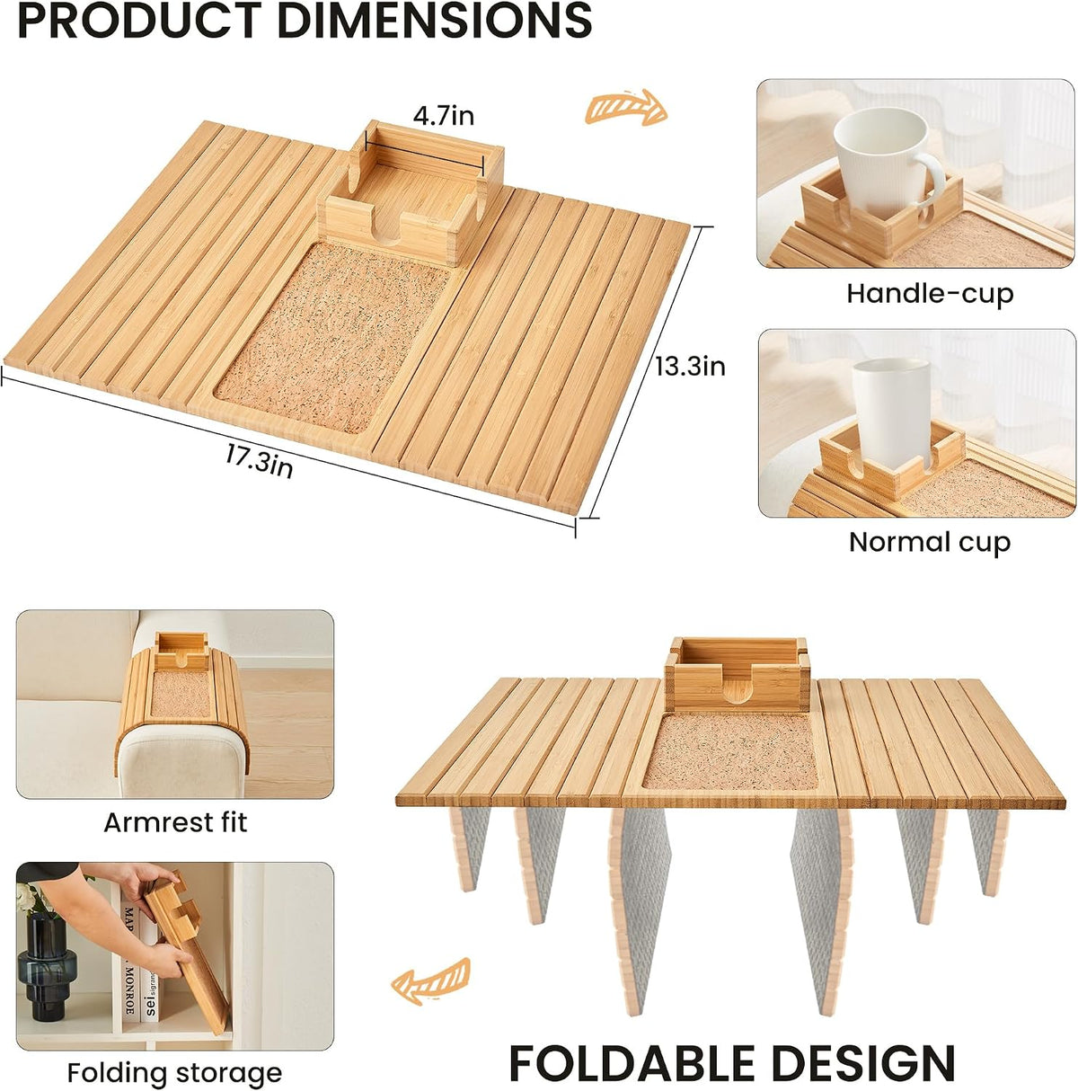 Bamboo Sofa Arm Tray Table, Foldable Couch Cup Holder, Anti-Slip Wide Couch Arm Tray Aremrest Table for Drink, Cup, Remote, Snacks, Cellphone, Portable, Bamboo/Cork Color - Image 3