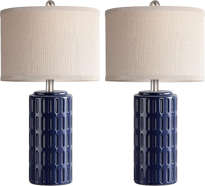 23" Farmhouse Modern Ceramic Table Lamp Set of 2 - Navy Blue Bedside Lamps for Bedroom & Living Room, Nightstand, Desk, End Table - Image 2