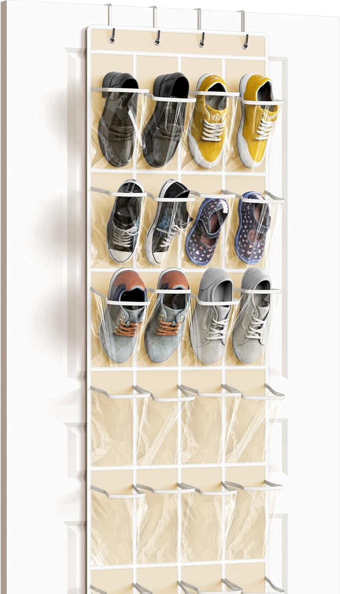 Simple Houseware 24 Pockets Clear Over the Door Shoe Organizer, Beige | 64" x 19", 4 Durable Metal Hooks, 4.3" x 9.5" Pocket Size, Multipurpose by SimpleHouseware