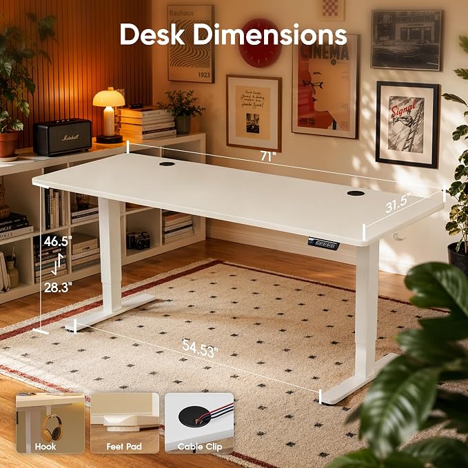 Monomi Large Electric Standing Desk 71“x31.5“ Height Adjustable,White | Sit Stand Up Desk for Home Office,Ergonomic Computer desk with Memory Preset and Anti-Collision,Headphone Hook - Image 3