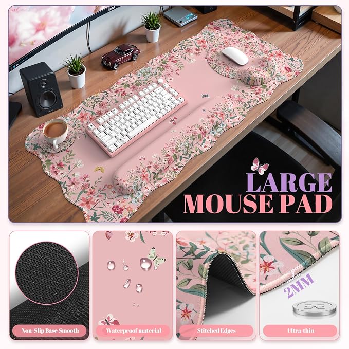 iCasso Pink Keyboard Mat 35.4"x15.7", Desk Protector for Classroom | Vintage Women Ergonomic Desk Pad with Keyboard Wrist Rest, Mousepad Set for Classroom Table Office Workspace Area - Image 2