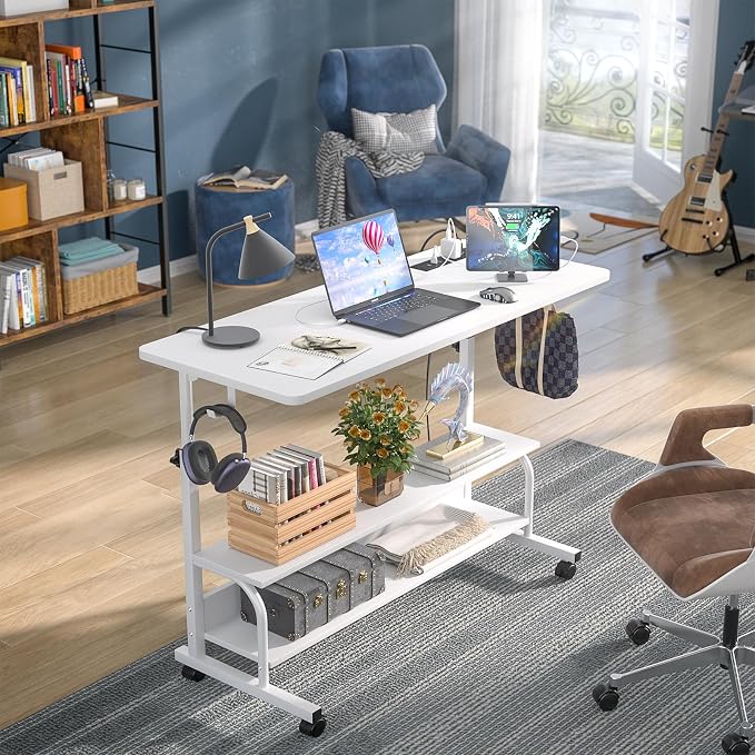 39" Rolling Standing Desk with Charging Station for Couch Bed | Height Adjust 27.5-41", 2 AC/3 USB, Mobile 4 Lockable Wheels, 2-tier Shelves Hook, Safe Corner Fast Assembly - Image 2